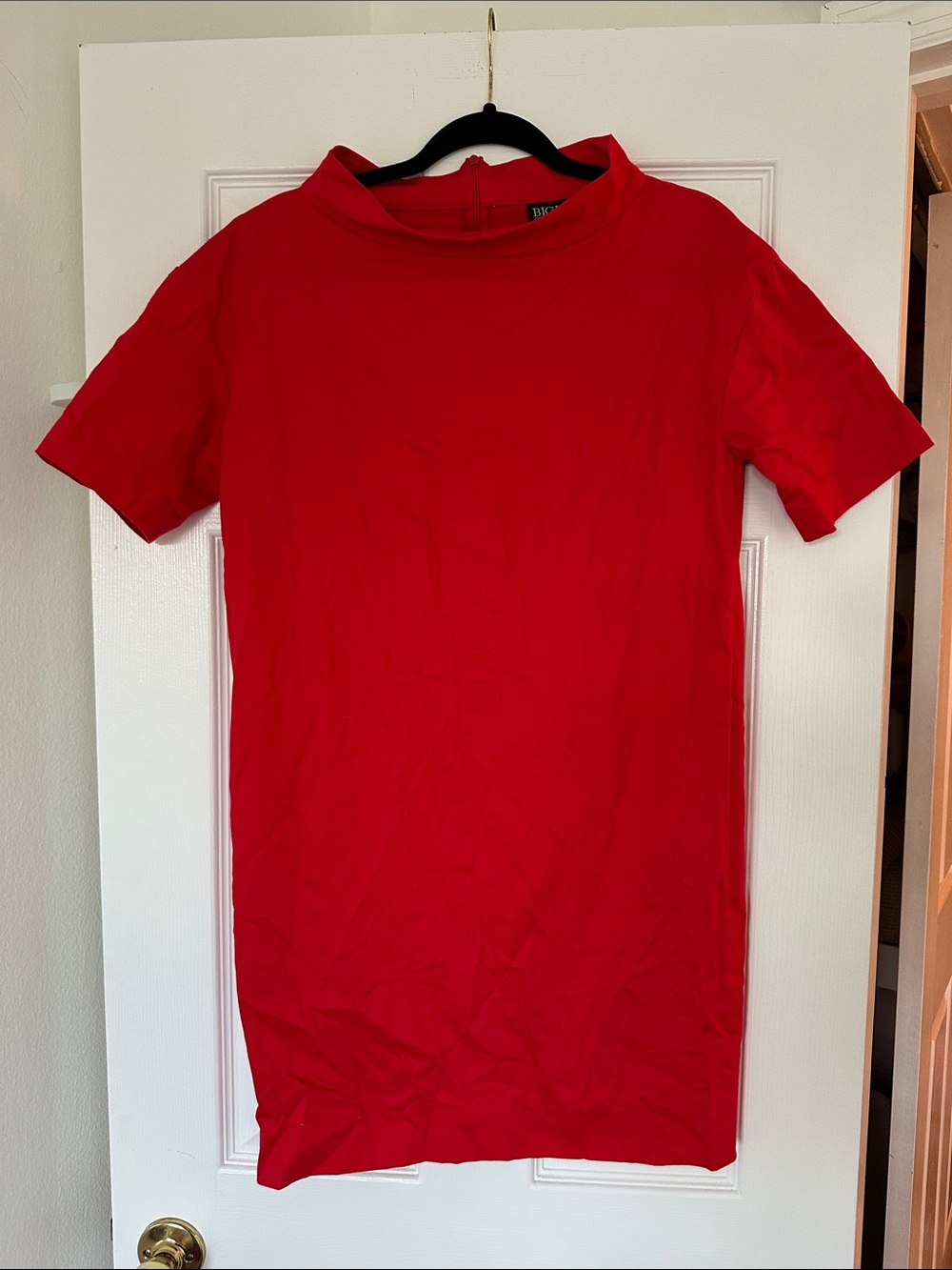 Bold Red Short-Sleeve Mini Dress with Mock Neck